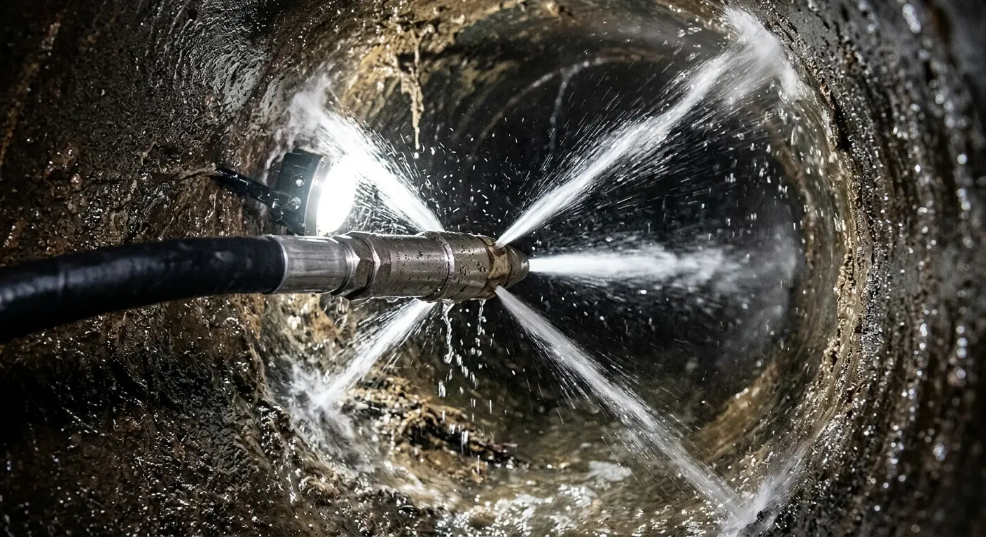 High-pressure hydro jetting nozzle cleaning sewer pipe for Storm Drain Cleaning in London