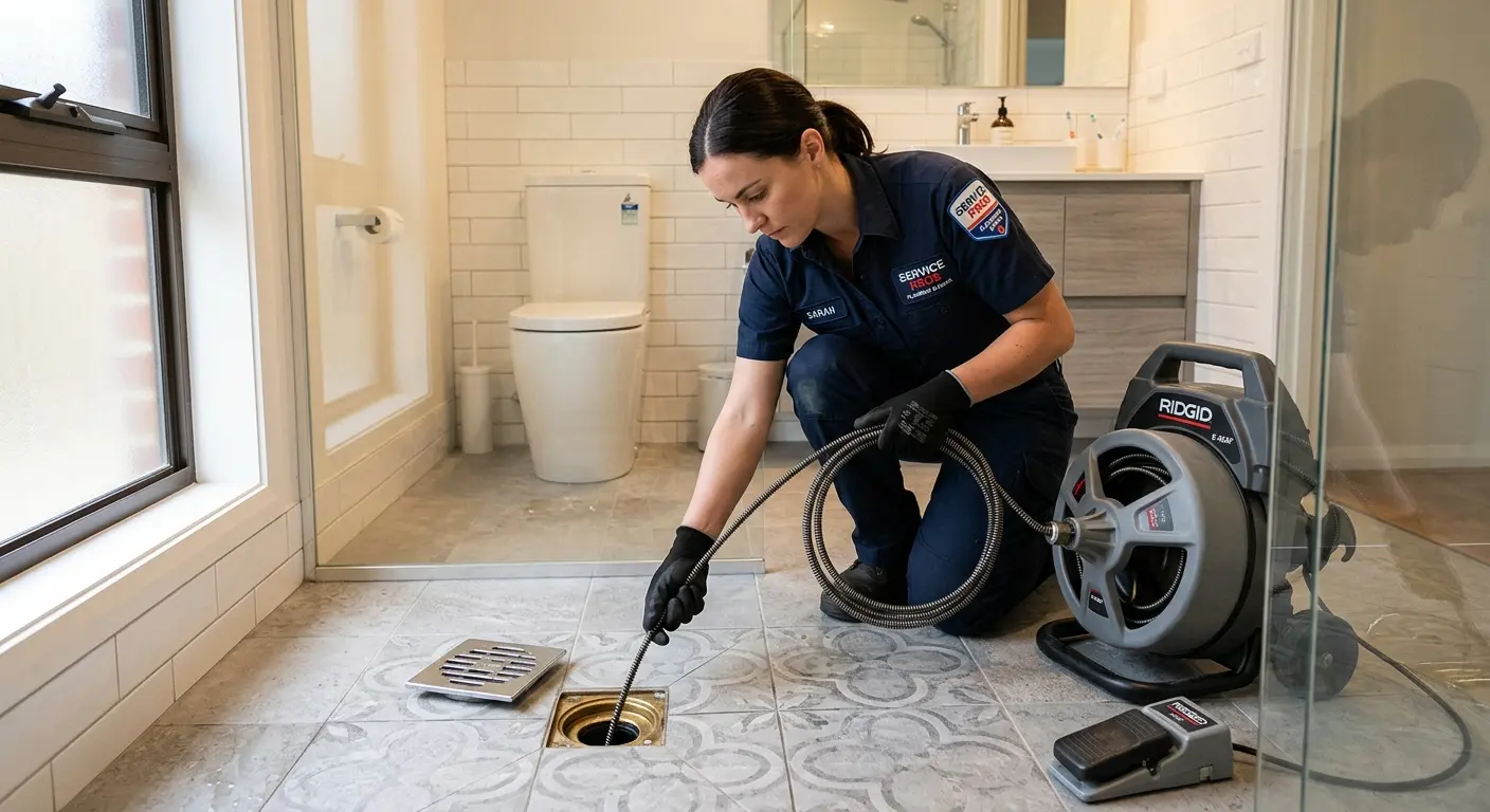Technician clearing a bathroom floor drain for Sewer Line Replacement in London